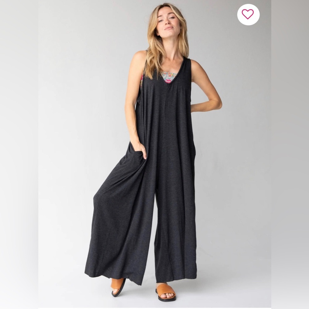 Knit V-Neck Jumpsuit - Charcoal